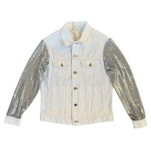 IRO Nanopo Frayed Sequined Denim Jacket Women’s Size 38 / M (6) Off White Silver